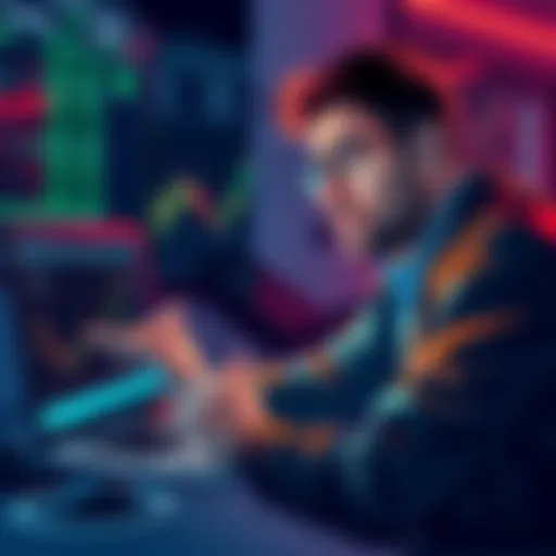 A worried investor analyzing cryptocurrency charts on a laptop, contemplating selling or holding digital assets like BTC and ETH.