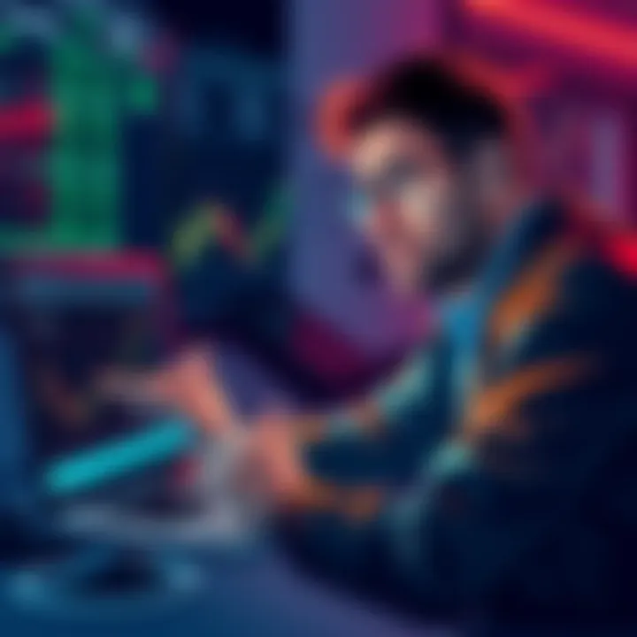 A worried investor analyzing cryptocurrency charts on a laptop, contemplating selling or holding digital assets like BTC and ETH.