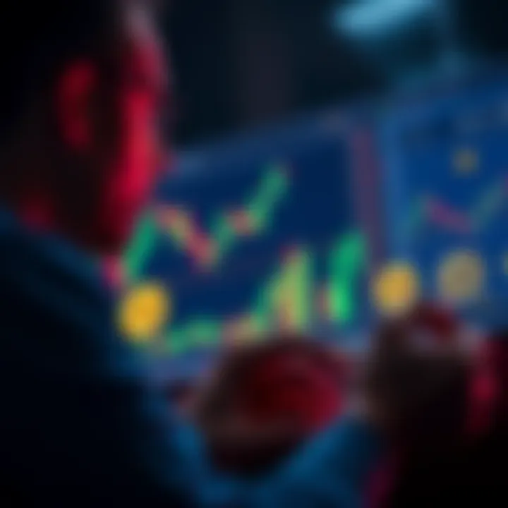 Person analyzing cryptocurrency charts with Bitcoin and stable coins represented, discussing tax strategies.