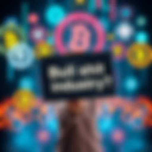 A person holding a sign that says 'Bullshit Industry' with cryptocurrency logos in the background