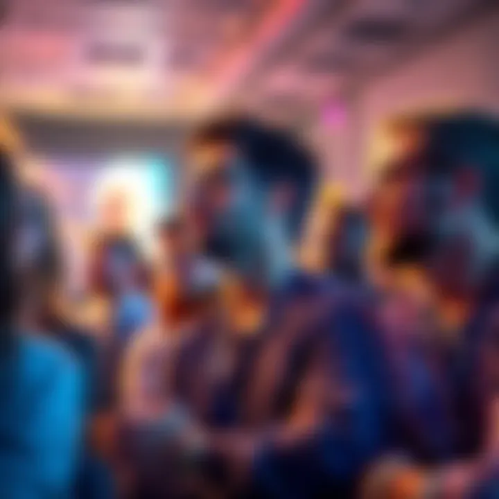 A group of diverse people sharing cryptocurrency insights at a conference