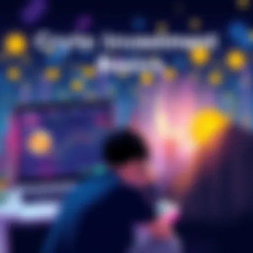 An illustration showing a person looking at digital currency symbols and a laptop displaying a cryptocurrency exchange platform.