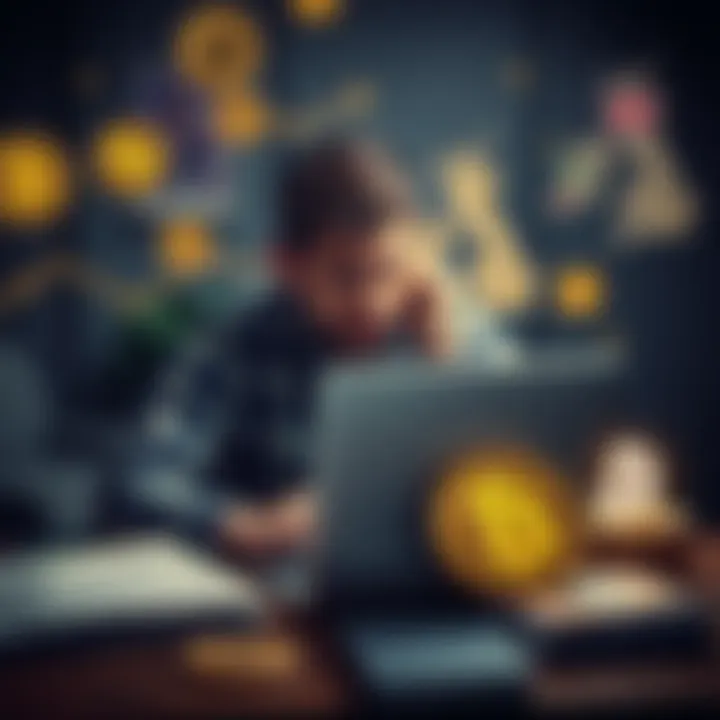 A person looking frustrated while using a laptop, with bank statements and crypto logos around, representing challenges faced by crypto investors in the UK.