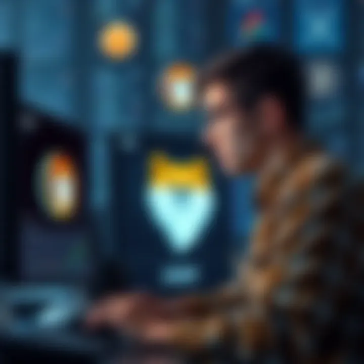A part-time worker looking at a screen with Shiba Inu, Dogecoin, and XRP logos, contemplating his crypto investment options.