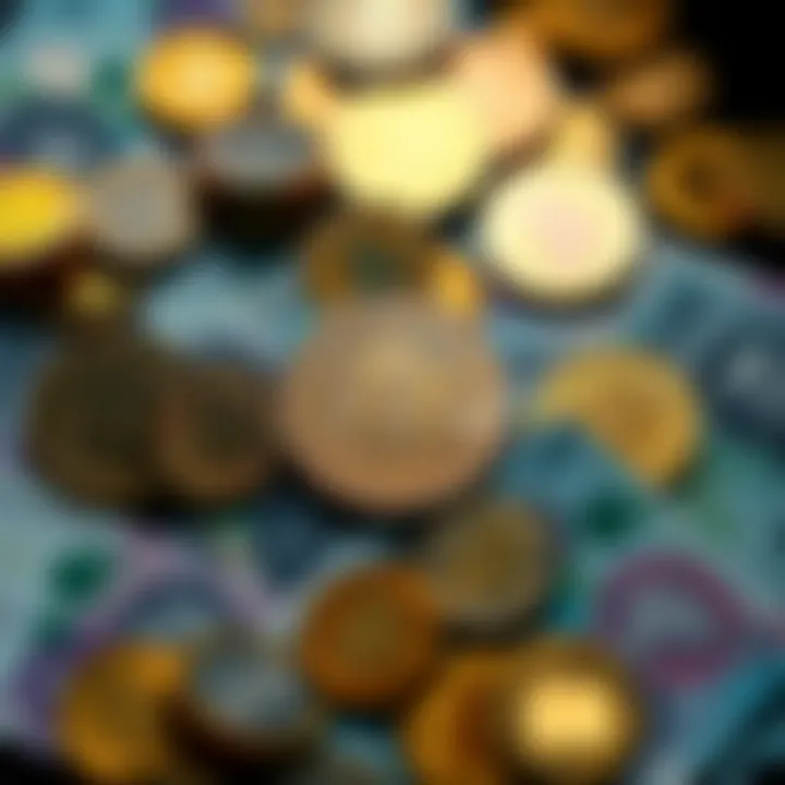 A collection of various cryptocurrencies and cash notes arranged to represent investment options