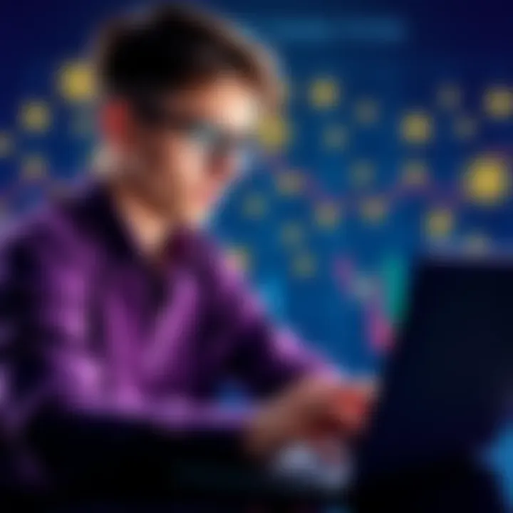 A young man analyzing charts on a laptop with cryptocurrency symbols in the background, representing an investment strategy.
