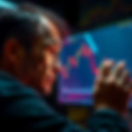 A worried individual examines a screen showing a downward trend in cryptocurrency values.