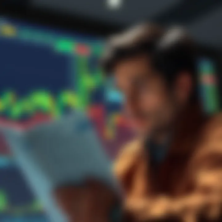 A person looking skeptical while reading a forum post about cryptocurrency investments, with graphs showing fluctuating market values in the background.