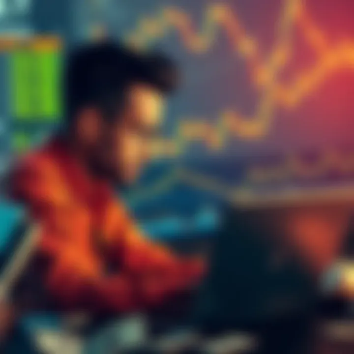 A person looking at cryptocurrency charts on a laptop, deep in thought about their investment choices, with dollar bills scattered around.