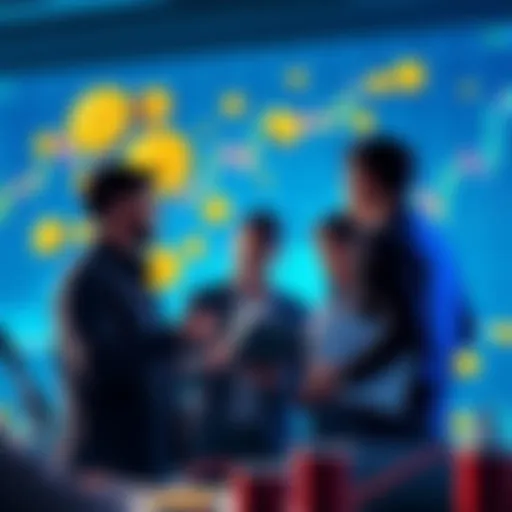 Group of people discussing cryptocurrency investments with charts and coins in the background