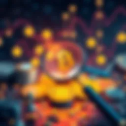 An illustration showing various cryptocurrency symbols with a magnifying glass highlighting key factors like utility and market cap.