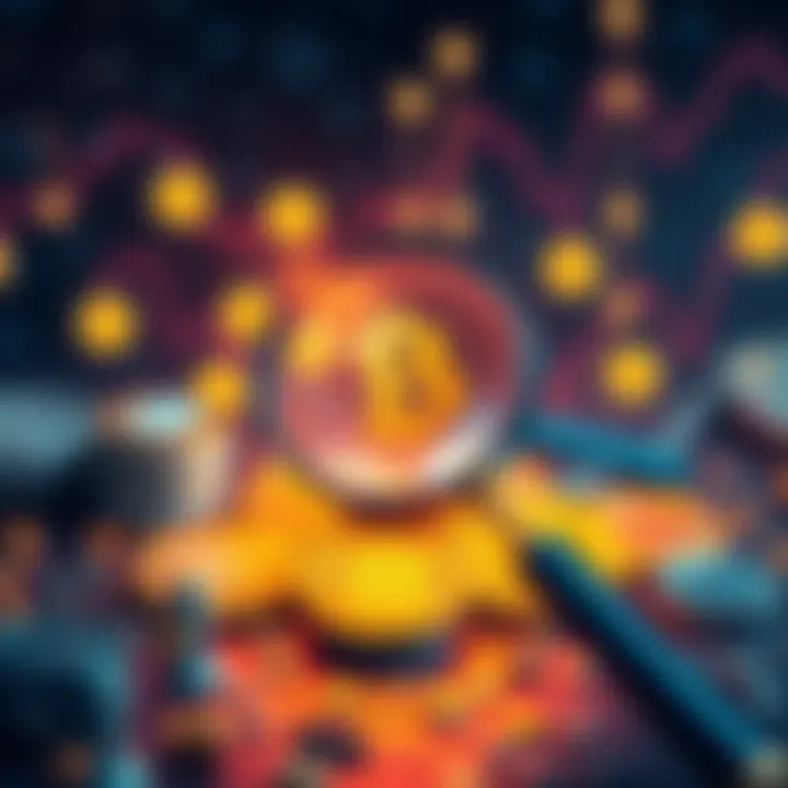 An illustration showing various cryptocurrency symbols with a magnifying glass highlighting key factors like utility and market cap.