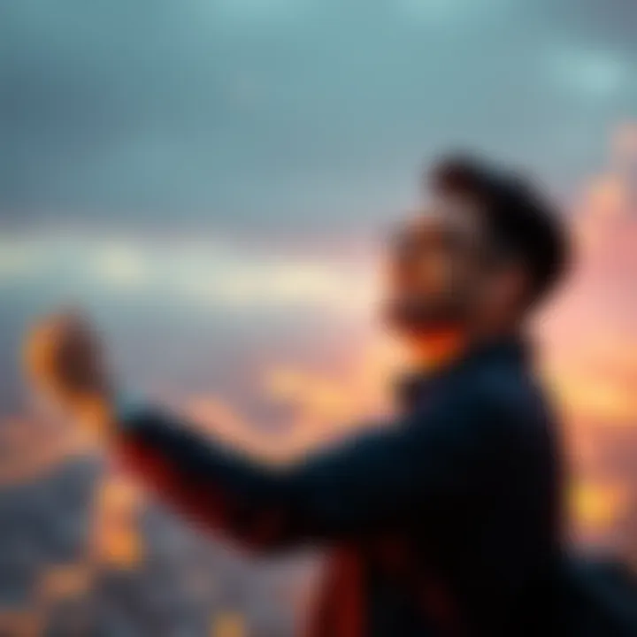 A person celebrating a financial achievement with a graph showing growth in cryptocurrency investments like Kaspa and Bitcoin.