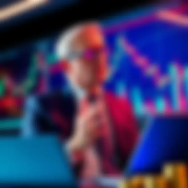 Business executive discussing cryptocurrency investment opportunities with charts and graphs in the background