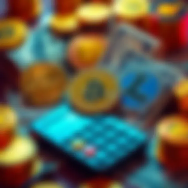 A graphic showing popular cryptocurrencies like XRP, HBAR, and LINK surrounded by dollar bills and a calculator, symbolizing investment choices.