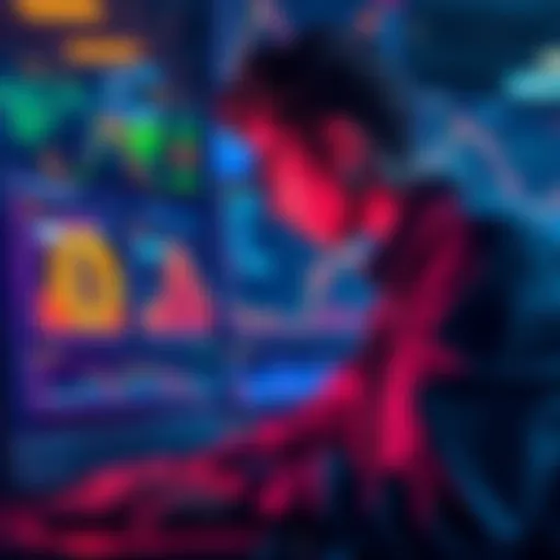 A person analyzing graphs and charts of Bitcoin, Avalanche, Chainlink, and Cosmos for investment decisions.