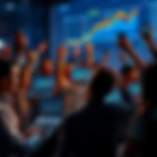 A group of people celebrating with laptops and phones, showing rising cryptocurrency graphs on screens, representing excitement over all-time highs in crypto prices.