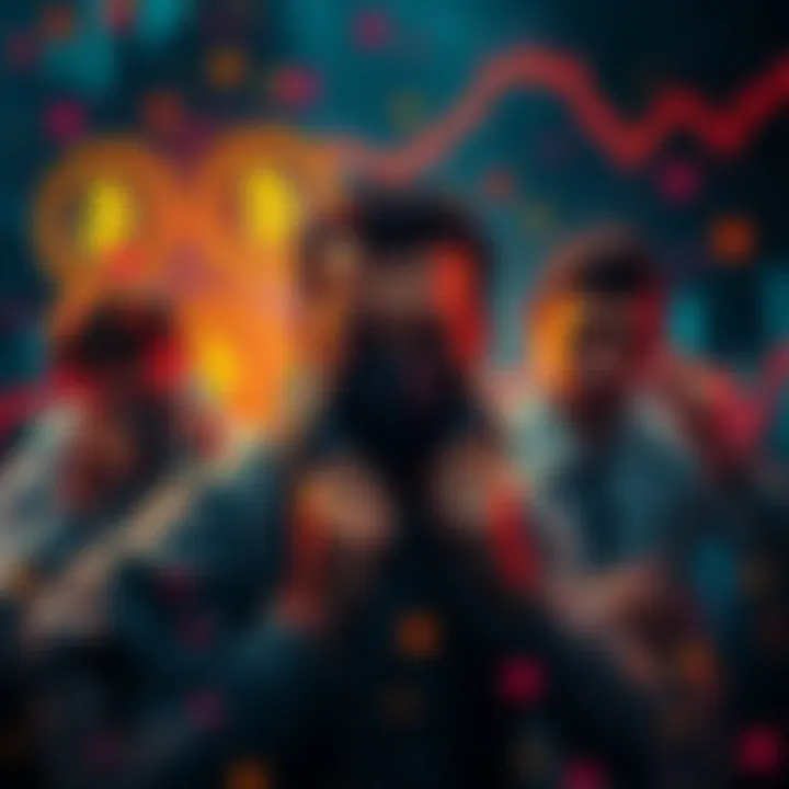 A visual representation of frustrated cryptocurrency investors with a backdrop of digital currency symbols and graphs depicting decline.
