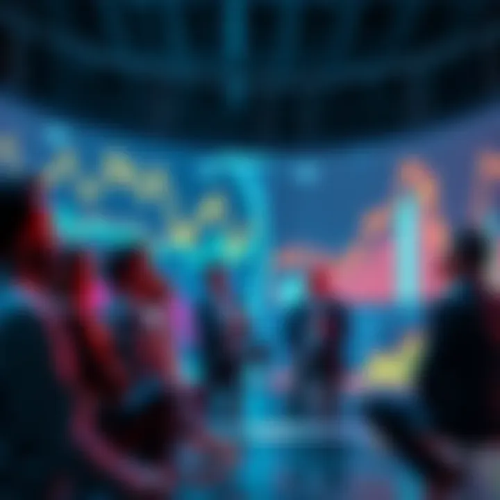 A group of optimistic people discussing bullish trends in cryptocurrency with charts and graphs in the background.