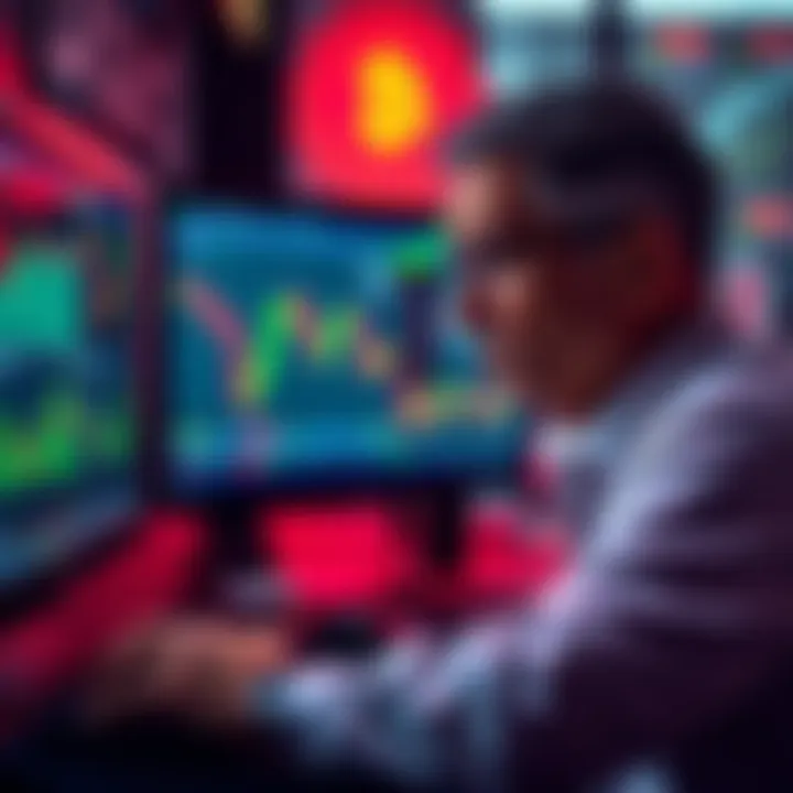 A frustrated investor looking at falling crypto prices on a computer screen.