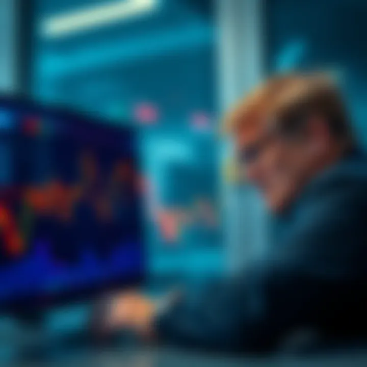 A graph showing a downward trend in cryptocurrency prices with a frustrated investor looking at a screen.