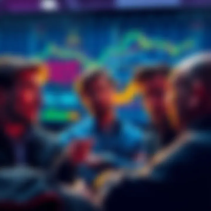 Investors watching crypto charts with worried expressions, showing anxiety about market trends.
