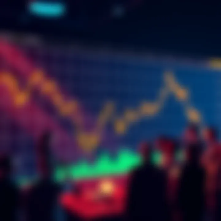 A graph showing rising cryptocurrency prices with excited people discussing around it