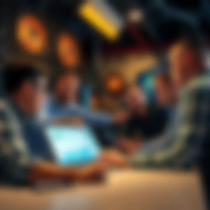 A group of people discussing financing options for a large crypto mining setup, with charts and graphics on a laptop.
