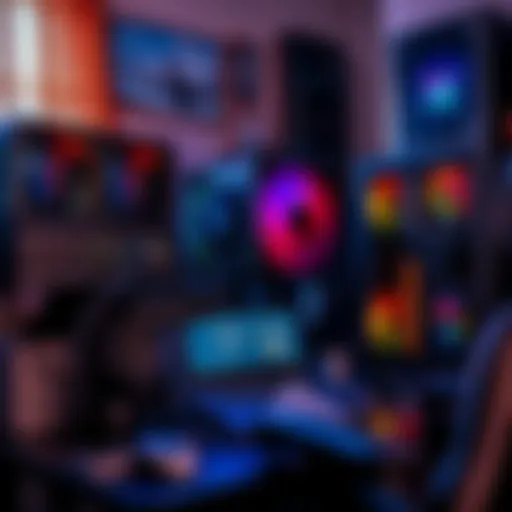 A computer setup with mining rigs, showing graphics cards and cooling fans, in a cozy home environment.