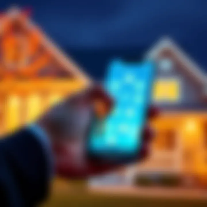 A person holding a house key and a smartphone displaying cryptocurrency symbols with a house in the background