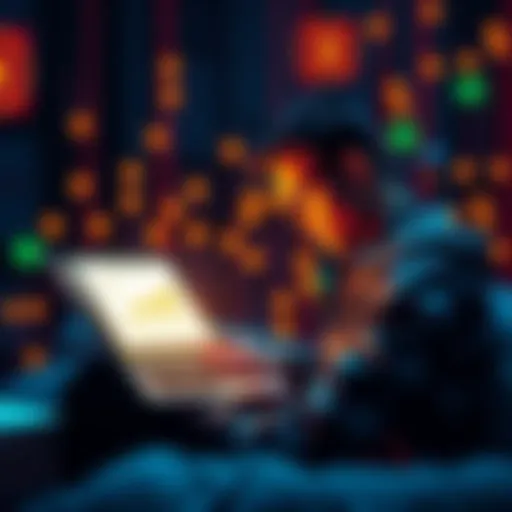 A person reading a guide on cryptocurrency with a laptop and digital currency symbols around