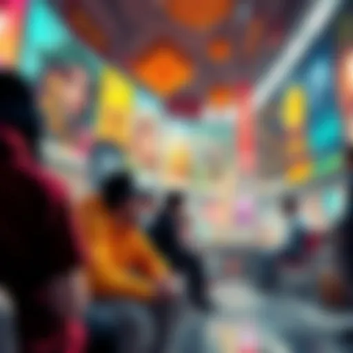 A vibrant digital art scene showcasing various NFT artworks with people discussing crypto investments, including gaming elements and high-value NFTs.