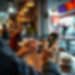 A person using a smartphone to request a payment in cryptocurrency at a coffee shop.