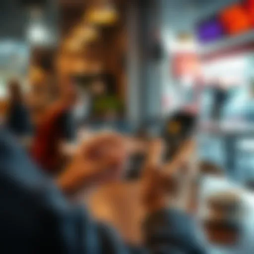 A person using a smartphone to request a payment in cryptocurrency at a coffee shop.