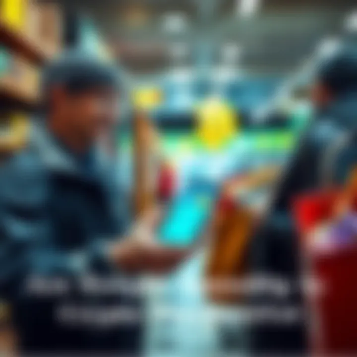 A store owner accepts a cryptocurrency payment from a customer using a digital wallet on a smartphone.