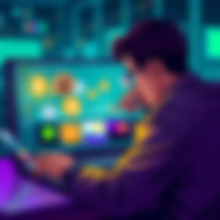 An illustration of a person building a digital asset portfolio with various cryptocurrencies shown on a screen.
