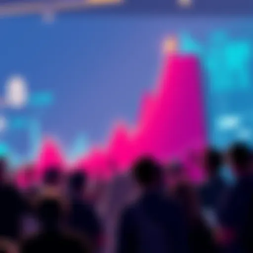 A graph showing a rising trend in cryptocurrency prices with excited people discussing in the background.