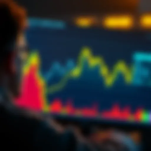 A downward trend graph showing falling cryptocurrency values with a worried person looking at a screen