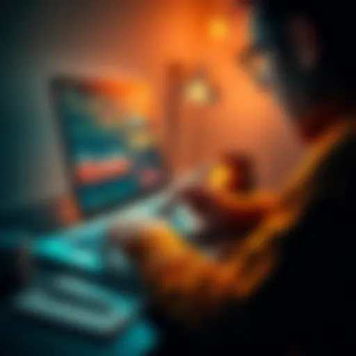 A person analyzing charts and graphs on a laptop, looking for promising early crypto projects, with a notepad and pen nearby.
