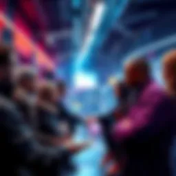 A group of diverse individuals discussing cryptocurrency projects focused on privacy and community control in a modern setting.