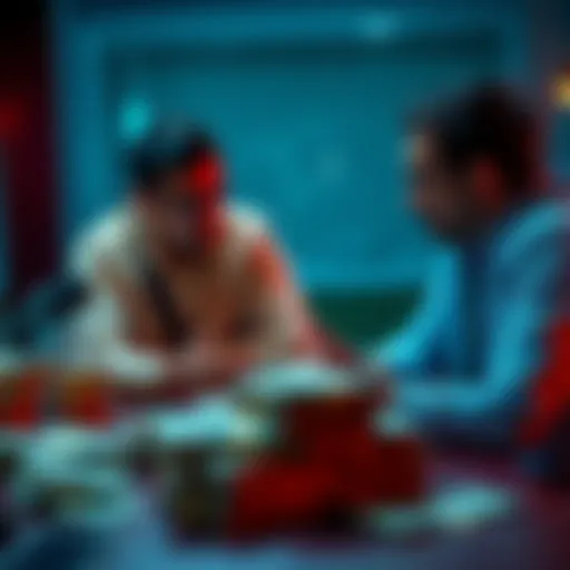 Two people discussing a bribery scheme related to crypto accounts restoration, with stacks of money visible on the table.