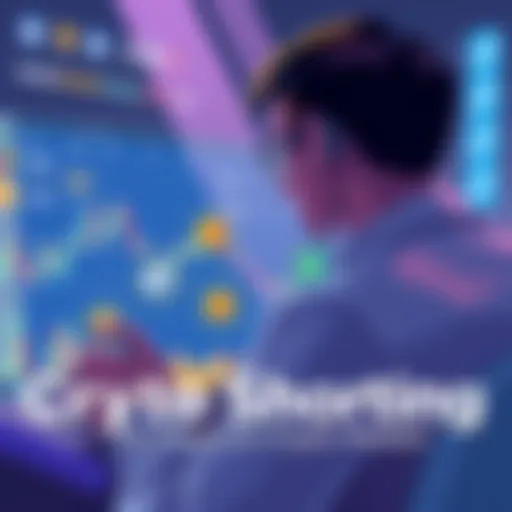 Illustration showing a person analyzing cryptocurrency charts with a downward trend indicating shorting, alongside symbols of popular cryptocurrencies.