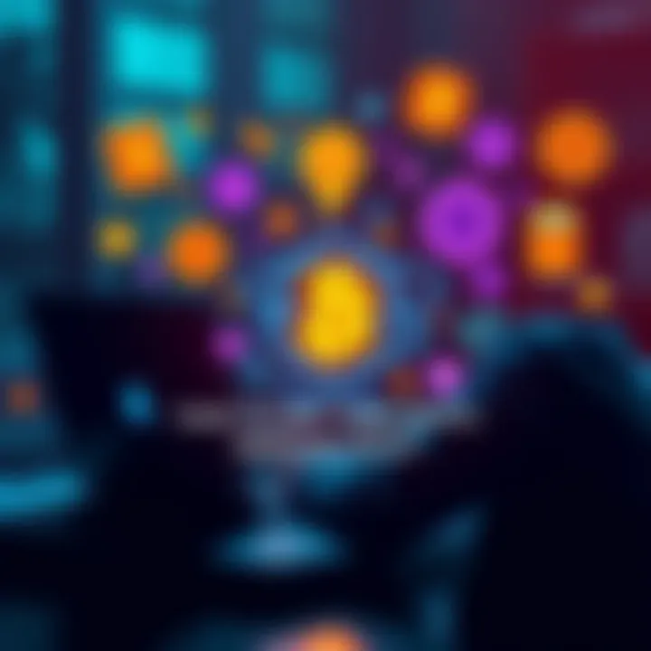 A person using a laptop to trade cryptocurrencies privately, surrounded by symbols of blockchain and privacy tools.