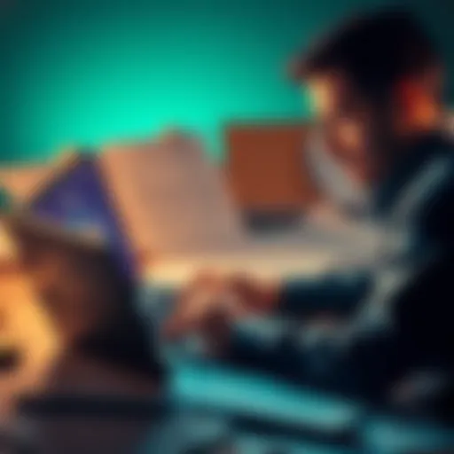A person looking frustrated while using a laptop with crypto tax software on the screen, surrounded by papers and tax forms.