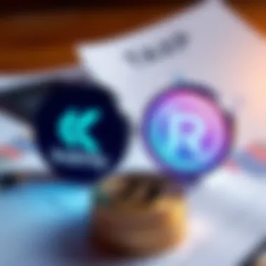 Illustration showing Koinly and Recap logos with tax documents and graphs in the background