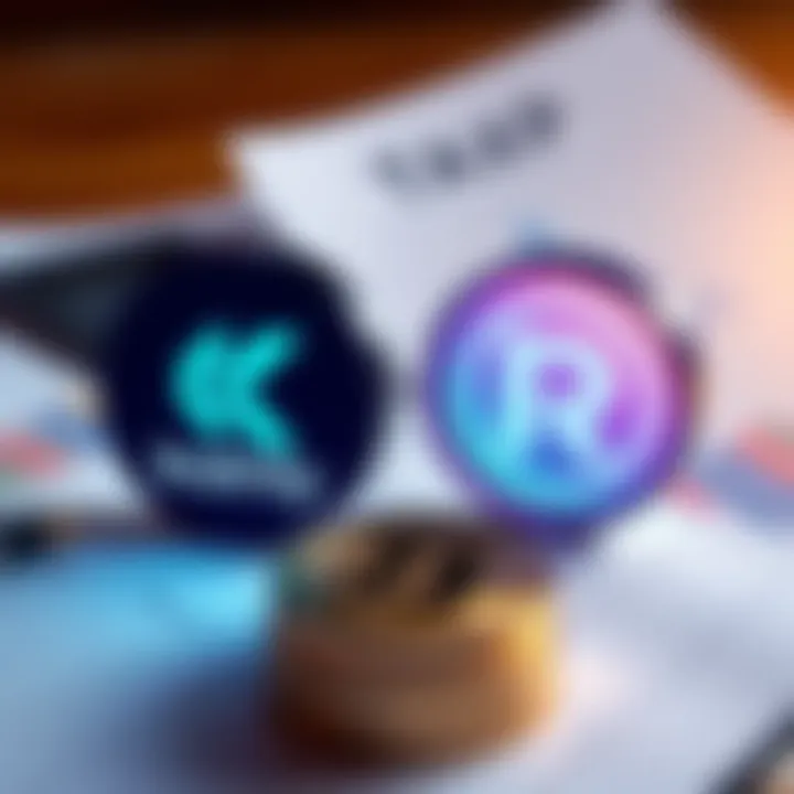 Illustration showing Koinly and Recap logos with tax documents and graphs in the background