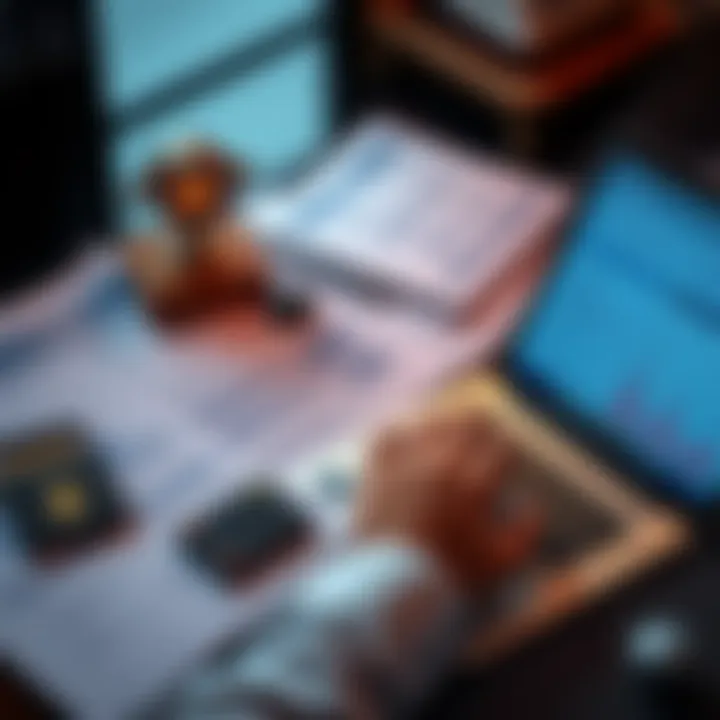 A person using a laptop to review crypto tax tools while surrounded by tax forms and a calculator.