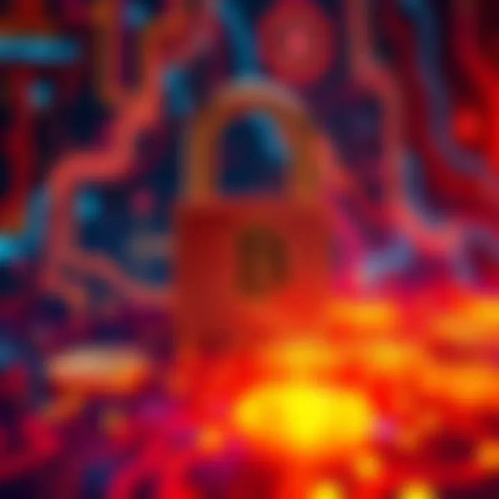 A digital representation of cryptocurrency symbols with a broken lock, indicating theft and security concerns.