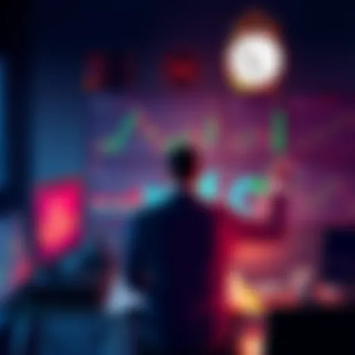 A trader at a desk with charts and a clock, demonstrating a balanced approach to crypto trading and mental health.