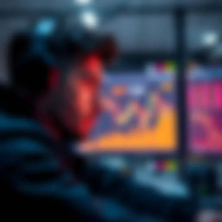 A crypto enthusiast looking at a chart on a computer screen, planning to sell at a price point of $1, with a thoughtful expression.